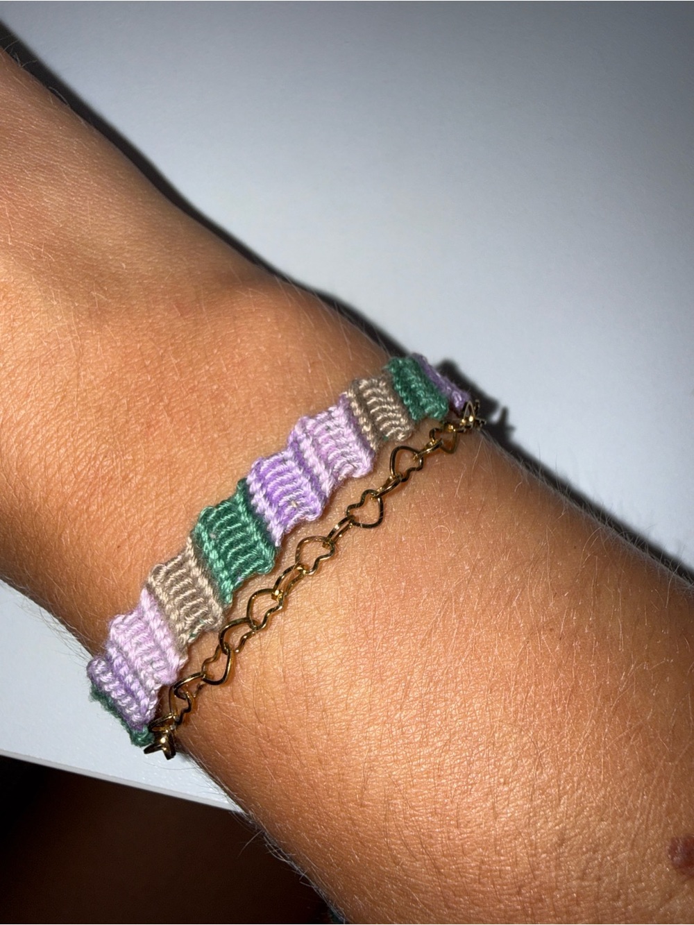 Layered Handwoven Bracelet in Purple, Green & Tan with Gold Chain
